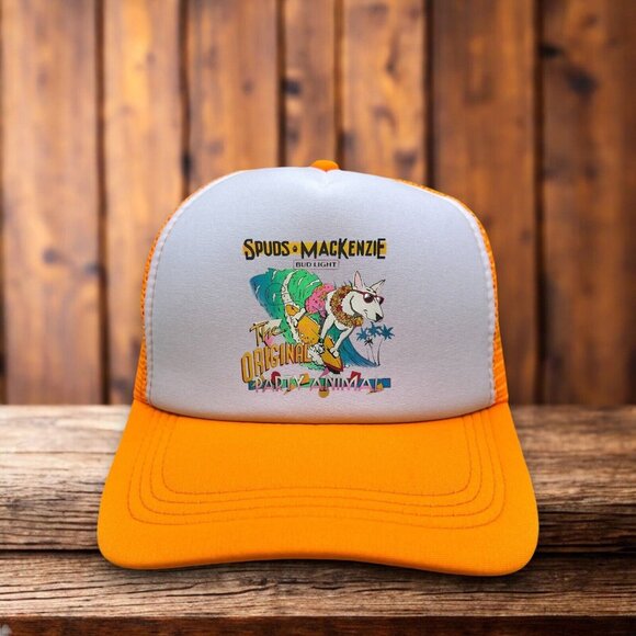 Spuds Mackenzie Bud Light Vintage Logo Mens Trucker Hat Orange Snapback Beer Cap - Picture 1 of 4